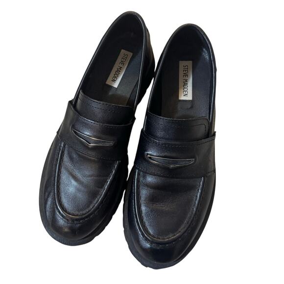 Women's Size 9.5 Steve Madden Lawerence Black Platform Lug Sole Loafers Slip On - Picture 3 of 5